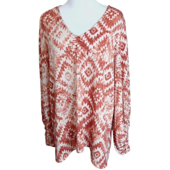 BEESON RIVER Sweater Top Plus 2X Light V-Neck Southwestern Aztec‎ Rust Orange - Picture 1 of 9